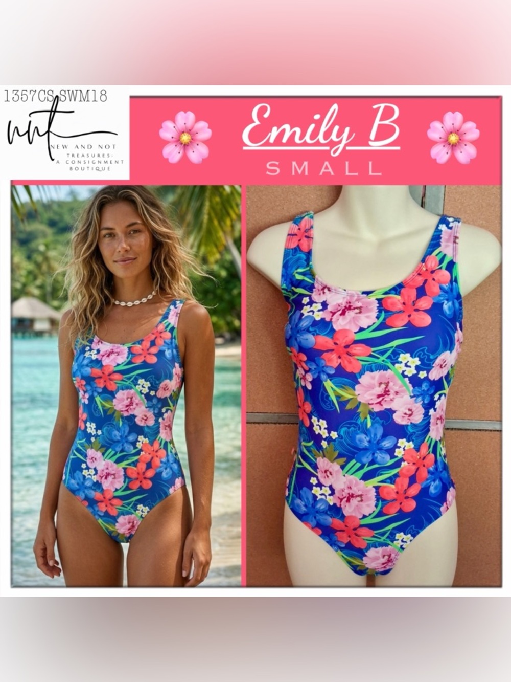 Emily B Floral One Piece Swimsuit Blue Pink Tropical Floral Padded Cups Small